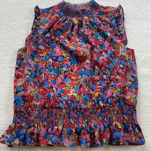 COPY - Smocked floral flutter sleeve sheer top with navy lining